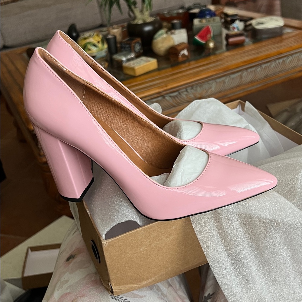 Women Chunky High Heel Pumps Pointed Toe Closed Sandals 4 Inch Block Heel